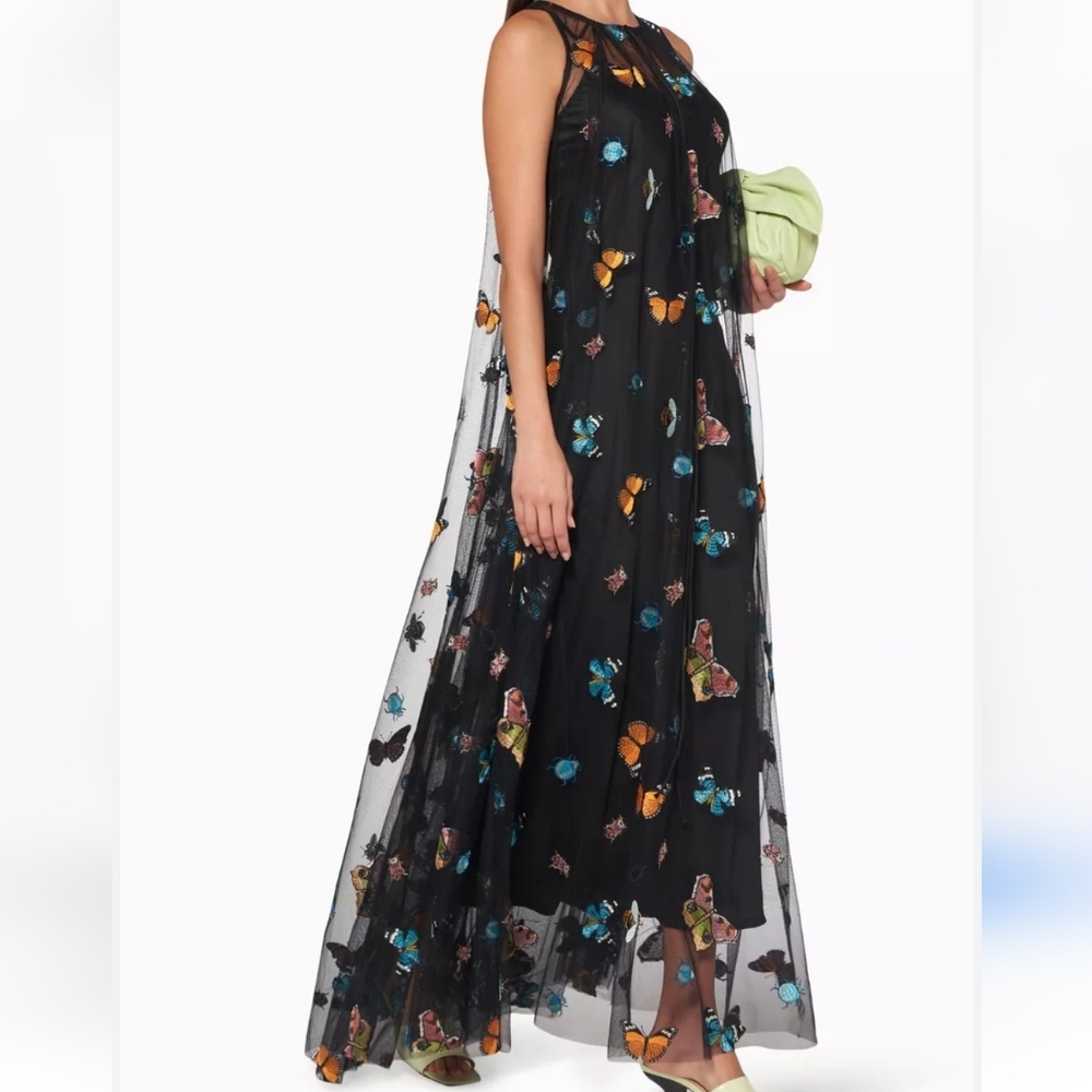 STAUD Black Maxi Dress with Multicolor Butterfly Print